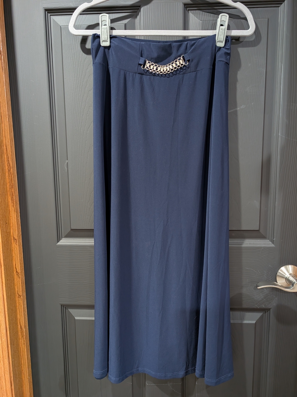 Zac & Rachel Navy Maxi Skirt with Chain Waist Accent